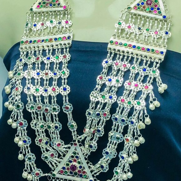 Multilayers Kuchi Tribal Bib Necklace With Multicolor Glass Stones - Picture 3 of 8